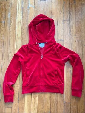 Juicy Couture Bright Red Velour Hoodie with J Pull